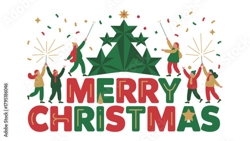 Festive Gathering: A group of friends joyously celebrates Christmas, lighting sparklers under a decorative tree. Joy, happiness, and festive spirit captured in a celebratory moment