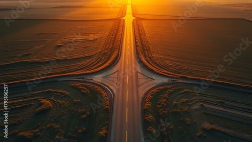 divergence. Aerial view of a forked road in the countryside during golden hour, highlighting path divergence. travel magazines, destination branding, designed for travel destination branding.