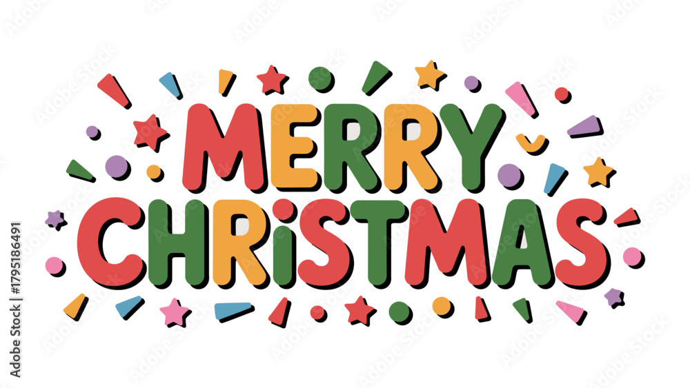 Fototapeta premium Festive Christmas Typography: A vibrant Merry Christmas message with colorful, cheerful, star and confetti illustrations. A design to evoke holiday joy and celebration.