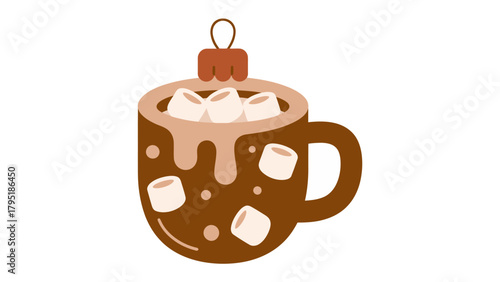 Cozy Cocoa Ornament: A festive, charming illustration of a steaming mug of cocoa, overflowing with creamy marshmallows, captures the warmth and joy of winter holidays.