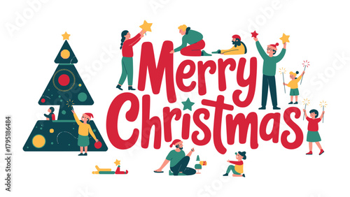 Merry Christmas Celebration: A festive illustration of joyous figures preparing and celebrating the holidays, centered around the message Merry Christmas, invoking feelings of warmth, and cheer.
