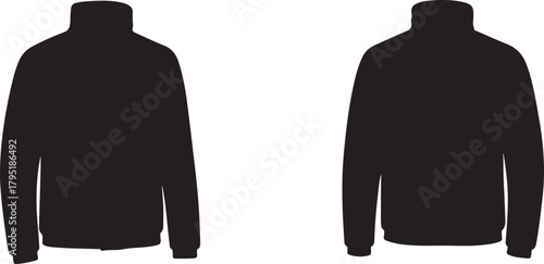 Versatile vector silhouette illustration of a minimalist black jacket, showcasing both front and back views, ideal for fashion design templates and apparel branding projects