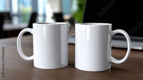 Two empty white coffee mugs on a wooden table in a modern workspace