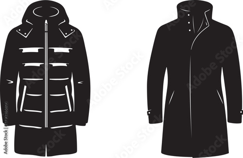 Two black insulated winter parkas, one with a hood and quilted detailing, the other a sleek, collarless design for cold weather outerwear fashion