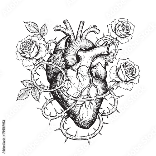Detailed Anatomical Heart with Roses and Thorns