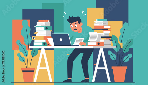 Overwhelmed worker drowning in stacks of paper and tasks Business stress concept