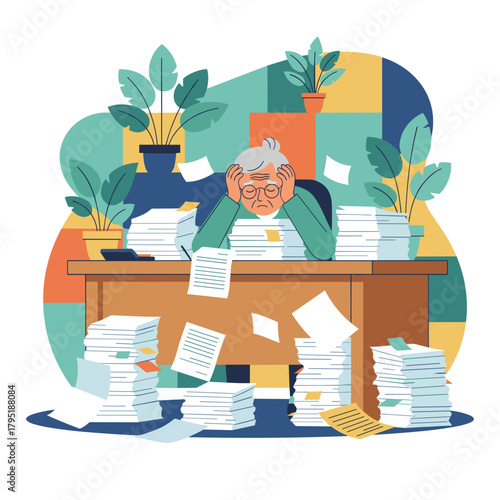 Overwhelmed senior employee buried in stacks of office paperwork and bureaucracy