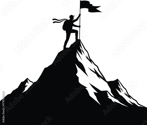 Mountain climber on top of mountain peak with flag success achievement eps silhouette