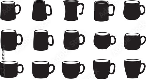 A diverse collection of black mug and cup silhouettes in various shapes. An icon set representing a coffee and tea beverage concept