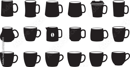 A diverse collection of hand-drawn coffee mugs, cups, and pitchers in a vintage sketch style. Isolated doodle illustrations perfect for cafe menus and branding