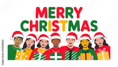 Christmas Joy: A diverse group of people with Santa hats and Christmas gifts, gathering to celebrate the season's joy, cheer and goodwill.