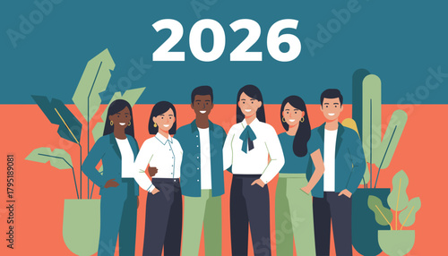 Diverse professional team smiling under 2026 Future goals planning and teamwork illustration