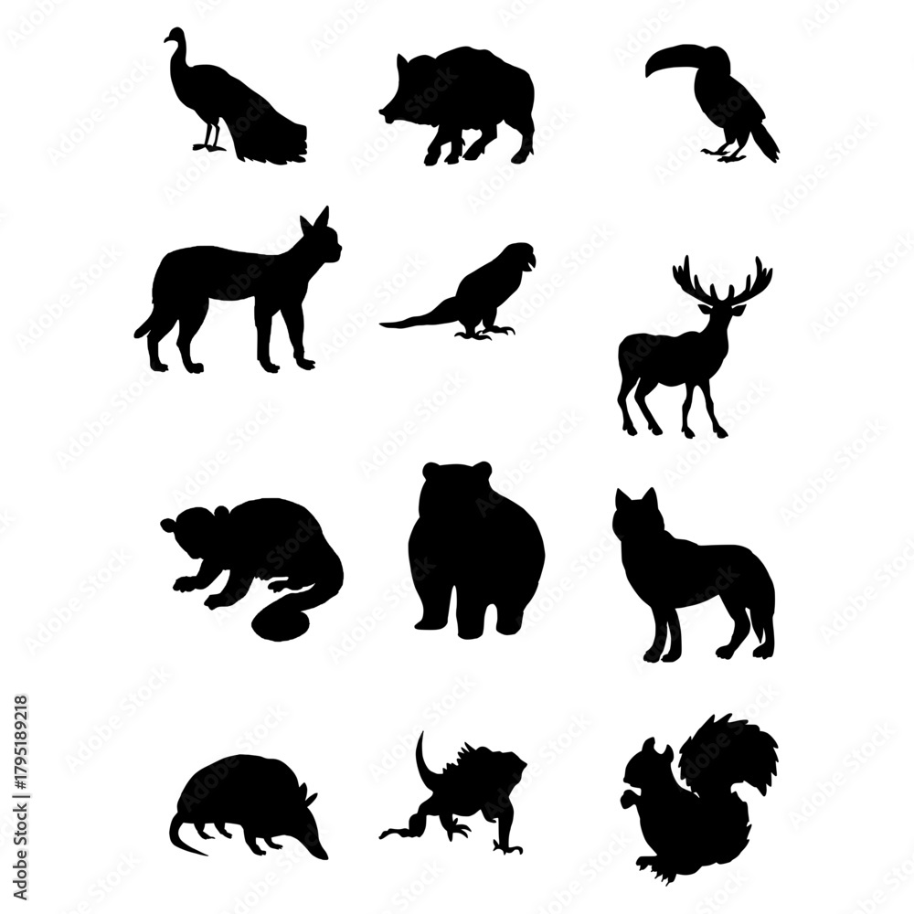 Obraz premium Minimalist Nature Graphics,Black Animal Collection,Vector Wildlife Shapes for Design