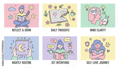 Six pastel illustrations showing selfcare mental health reflection journaling and daily routines