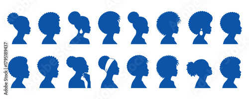 Collection of female head silhouettes in clean profile view showcasing various hairstyles and shapes, ideal for identity icons, user interface graphics, avatars, and communication designs