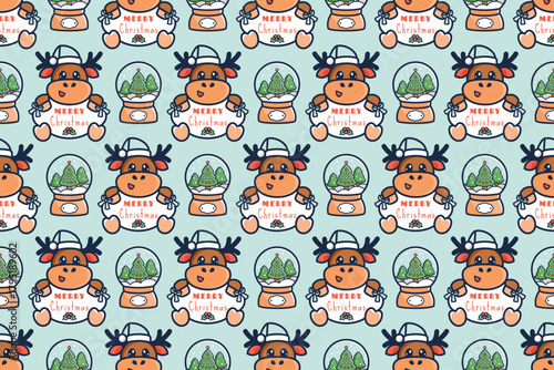 Christmas seamless pattern with cute baby deer, festive greeting frame and  Christmas snow ball. wintertime design. Vector illustration for wrapping paper, textiles, decoration