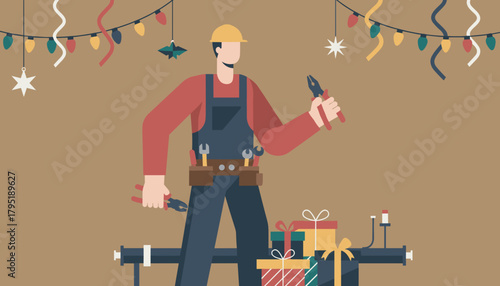 Handyman working during Christmas surrounded by tools holiday lights and festive presents