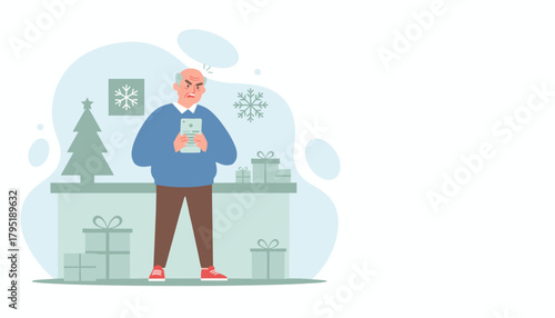 Frustrated grandfather using smartphone near Christmas tree and gifts