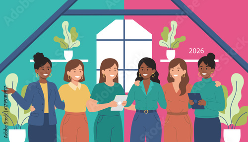 Diverse team of six professional women collaborating Business success and future planning for 2026