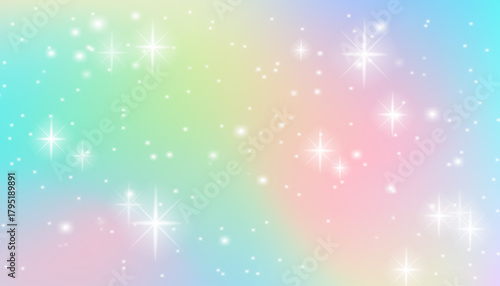  Magical pastel unicorn hologram gradient with sparkles. Soft pink, purple and rainbow fantasy vector background for festive decor, kids party, celebration design and creative illustration
