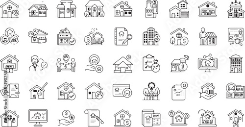Collection of outline icons representing real estate services, property management, and home buying and selling processes, with each symbol conveying a distinct aspect of the industry