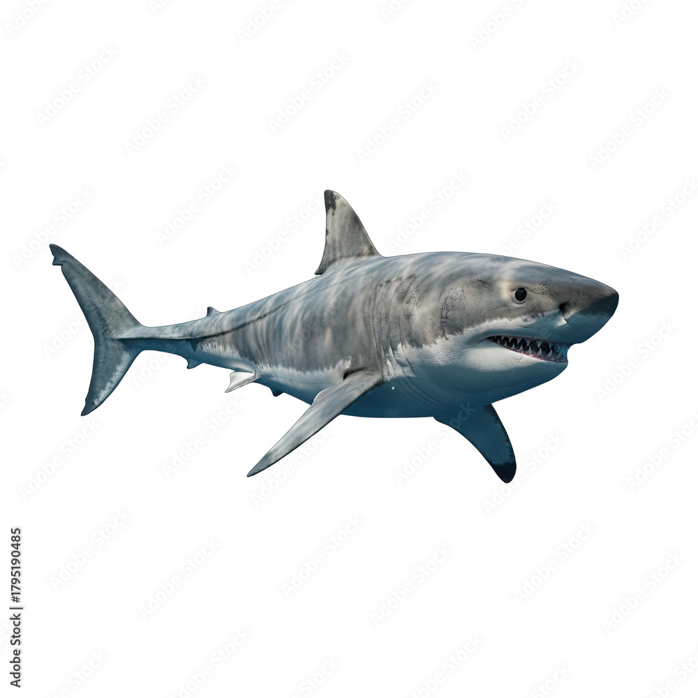 Naklejka premium Majestic Great White Shark Isolated on Black Background in Deep Ocean Water with Sharp Teeth and Powerful Body