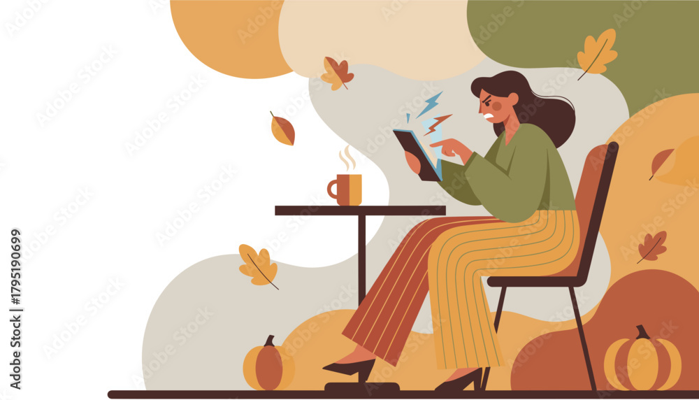 Fototapeta premium Angry woman stressed by technology issues on her tablet during autumn coffee break