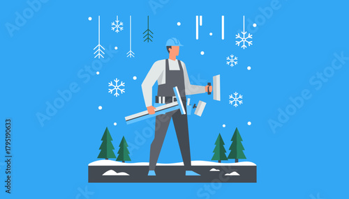 Construction worker holding tools in snowy winter landscape Seasonal building maintenance