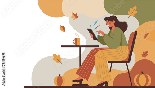 Photos Angry woman stressed by technology issues on her tablet during autumn coffee bre