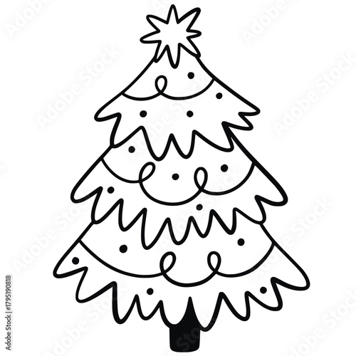 Hand drawn festive christmas tree with star on top and simple decorations isolated on white background
