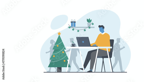 Man working on laptop at Christmas decorated desk Holiday business and remote productivity illustration