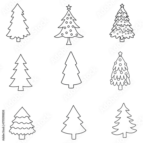 Collection of nine hand drawn outline christmas trees in various styles and decorations for holiday design