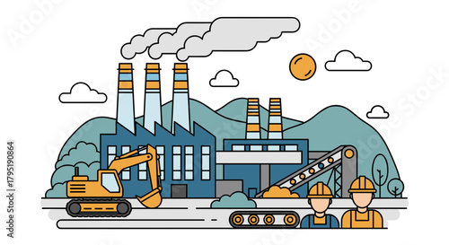 Manufacturing factory scene with excavator conveyor chimneys and industrial workers