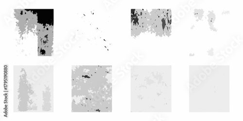 Abstract grayscale textures with irregular shapes and varying shades of gray and black on white background