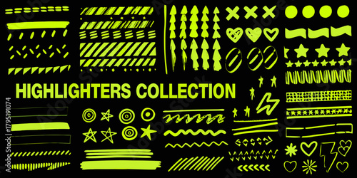 Collection of bright yellow highlighter pen strokes and hand drawn graphic elements on black background
