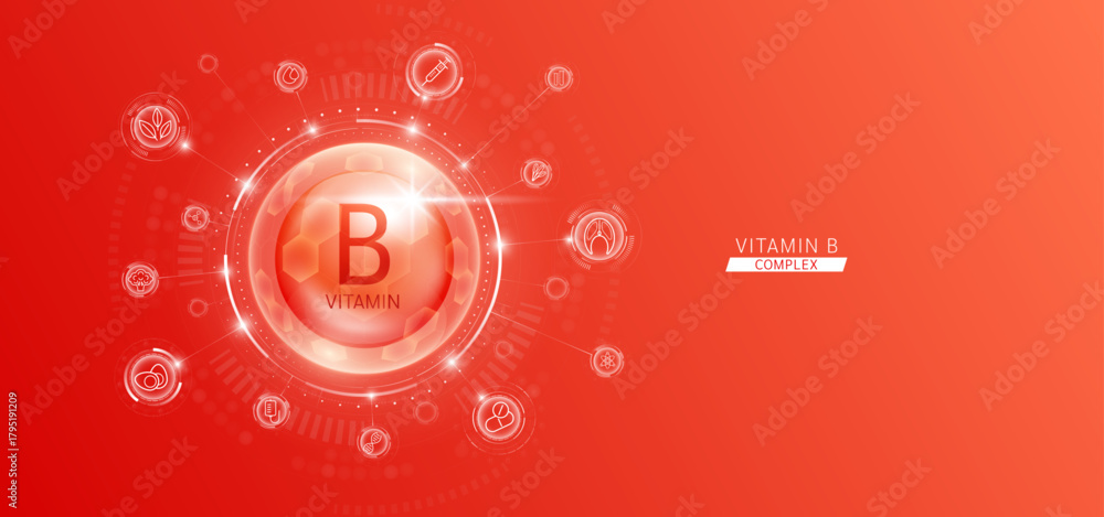 Fototapeta premium Synthetic natural vitamin B in hexagonal dome red. Surrounded by fruit, vegetable, syringe, pills and IV bag icons. Medical scientific concepts. Vector.