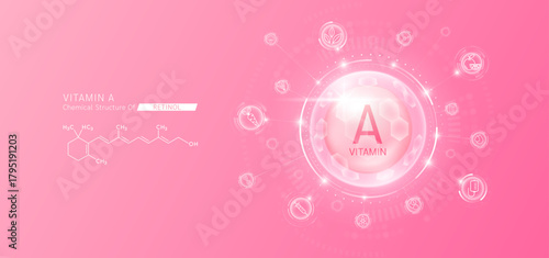 Synthetic natural vitamin A in hexagonal dome pink. Surrounded by fruit, vegetable, syringe, pills and IV bag icons. Chemical structure of Retinol. Medical scientific concepts. Vector.