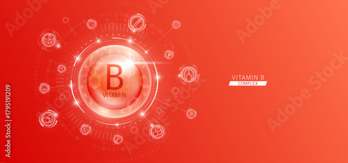 Synthetic natural vitamin B in hexagonal dome red. Surrounded by fruit, vegetable, syringe, pills and IV bag icons. Medical scientific concepts. Vector.