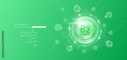 Synthetic natural vitamin B2 in hexagonal dome green. Surrounded by fruit, vegetable, syringe, pills and IV bag icons. Chemical structure of Riboflavin. Medical scientific concepts. Vector.