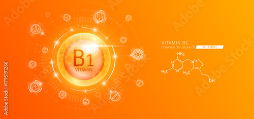 Synthetic natural vitamin B1 in hexagonal dome orange. Surrounded by fruit, vegetable, syringe, pills and IV bag icons. Chemical structure of Thiamine. Medical scientific concepts. Vector.