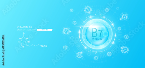 Synthetic natural vitamin B7 in hexagonal dome blue. Surrounded by fruit, vegetable, syringe, pills and IV bag icons. Chemical structure of Biotin. Medical scientific concepts. Vector.