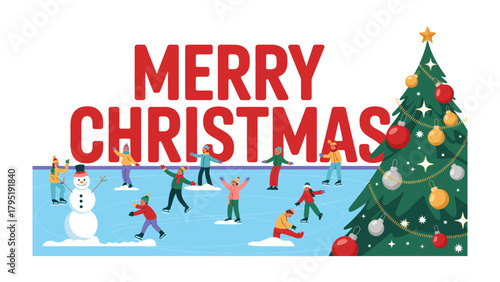 Merry Christmas Celebration: An illustrated festive scene captures the holiday spirit, with individuals ice skating, a cheerful snowman, and a decorated Christmas tree, evoking joy and togetherness.