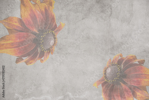 A textured, aged gray background featuring two opposing, softly faded rudbeckia flowers in the corners, creating a worn, decorative frame with ample central copy space.