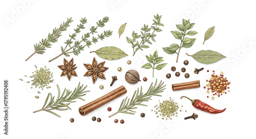A diverse collection of culinary herbs and spices for cooking and seasoning.