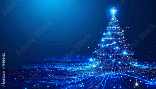 A blue background with an abstract Christmas tree made of glowing digital circuit patterns, symbolizing the holiday season in technology and computer science. Christmas card bright