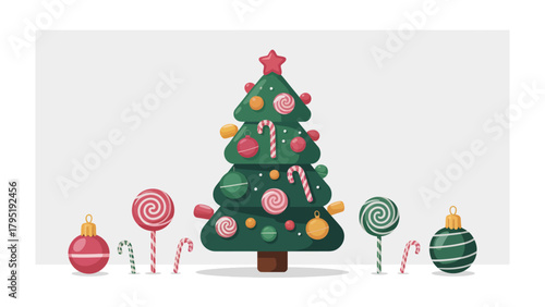 Festive Cheer: A beautifully adorned Christmas tree, flanked by colorful ornaments and candy canes, evokes the joy of the holiday season. 