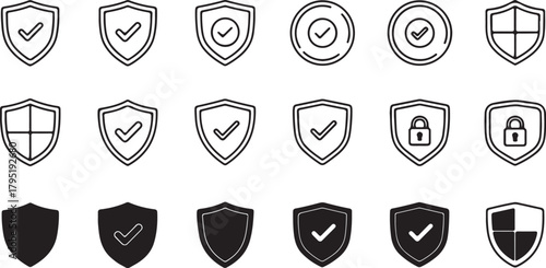 Shield protection symbol collection with checkmark badges and security padlock icons. Vector safety logotype illustration eps