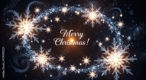 Glowing Christmas background with “Merry Christmas!” text and snowflakes on dark background — ideal for holiday, festive and design content.