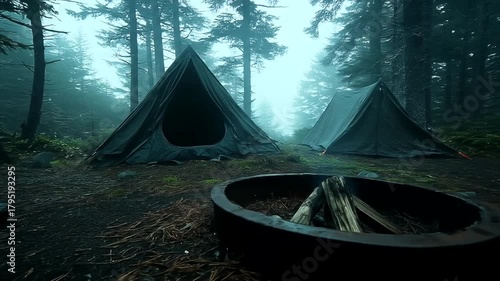 Mysterious Campsite with Tents in a Spooky Foggy Forest.