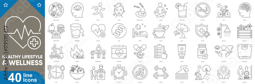 Healthy lifestyle and wellness icons set. Fitness, nutrition, self-care, mindfulness, heart health, hydration, and balanced living vector illustration